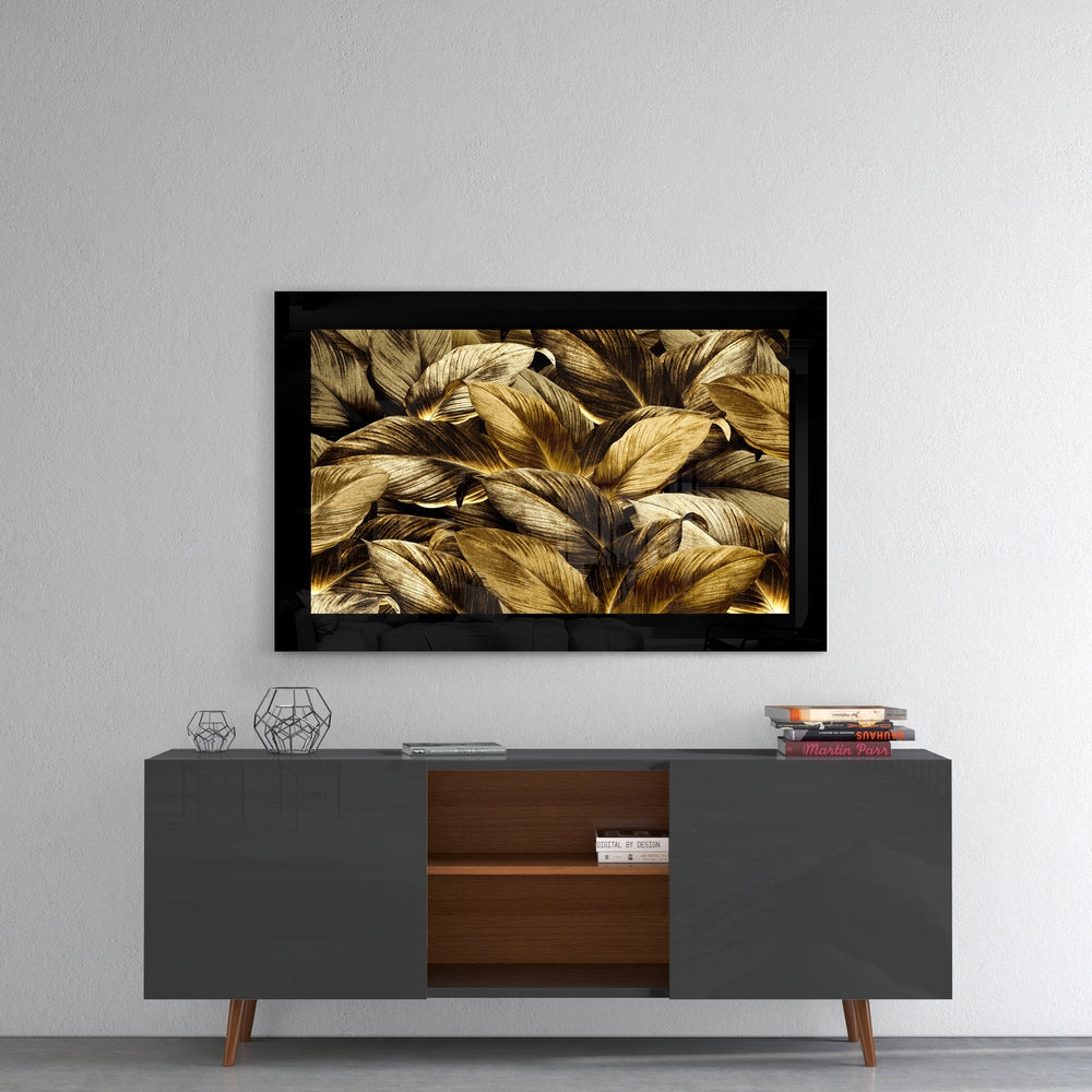 Golden Leaves glass wall art styled above a console in a dining room
