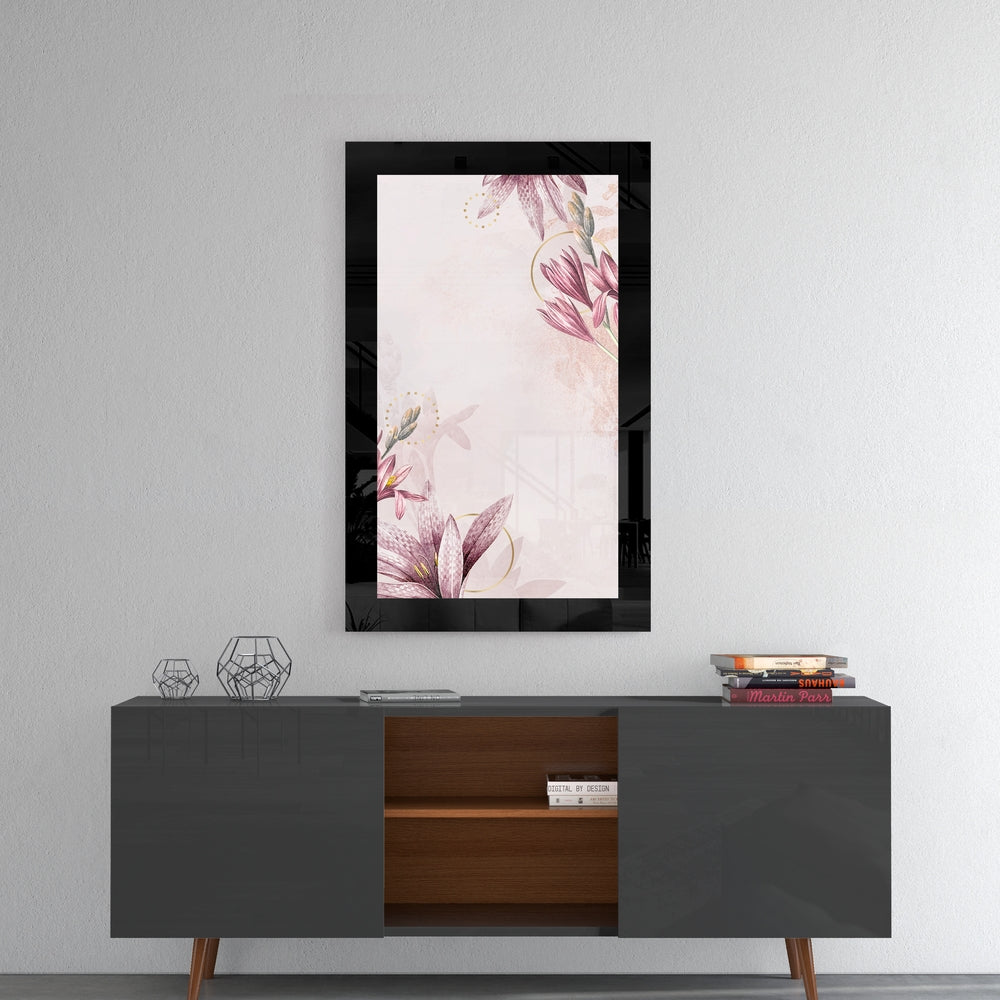 Pinky glass wall art styled above a console in a foyer