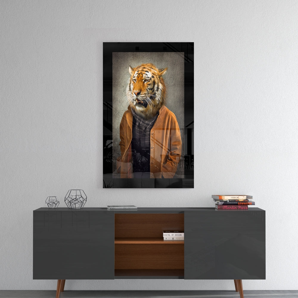 Tiger glass wall art styled above a console in a foyer
