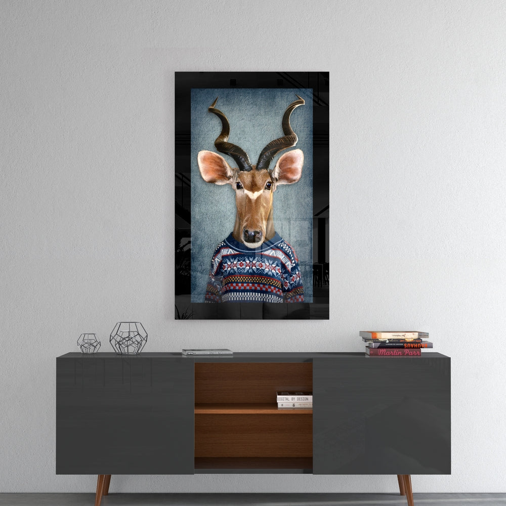 Human Deer glass wall art styled above a console in a foyer