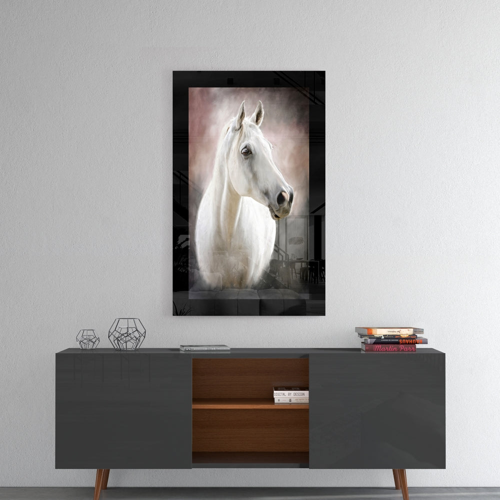 Horse glass wall art styled above a console in a man cave