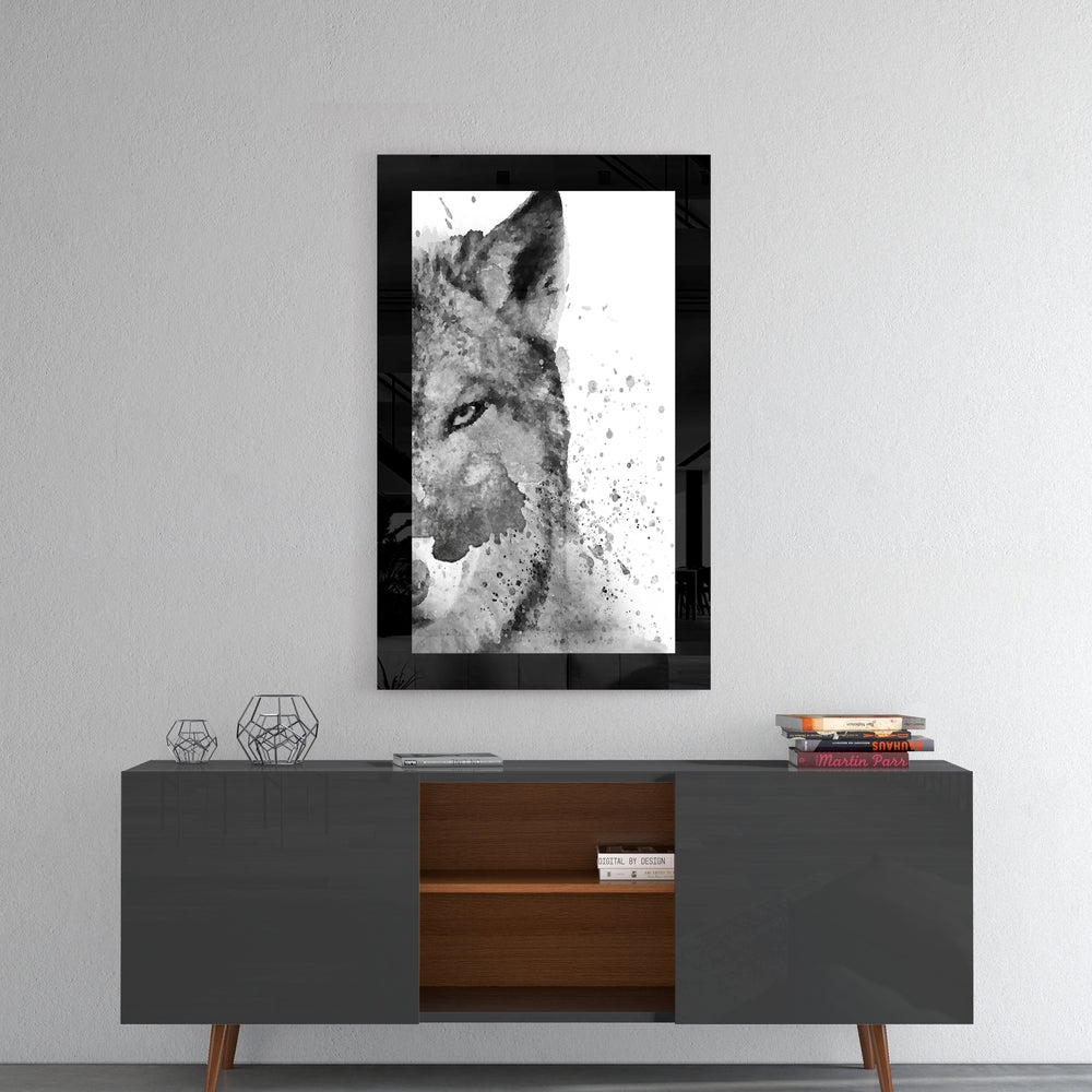 Wolf glass wall art styled above a console in a reading nook