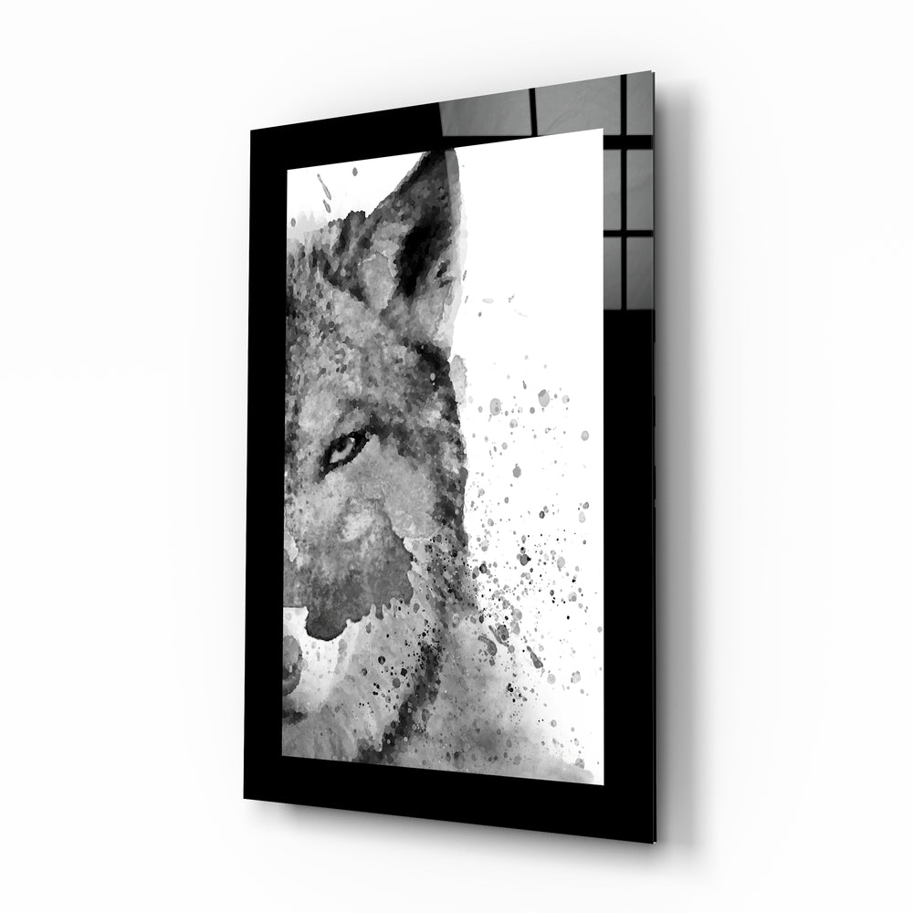 Wolf glass wall art displayed above a sideboard in a study