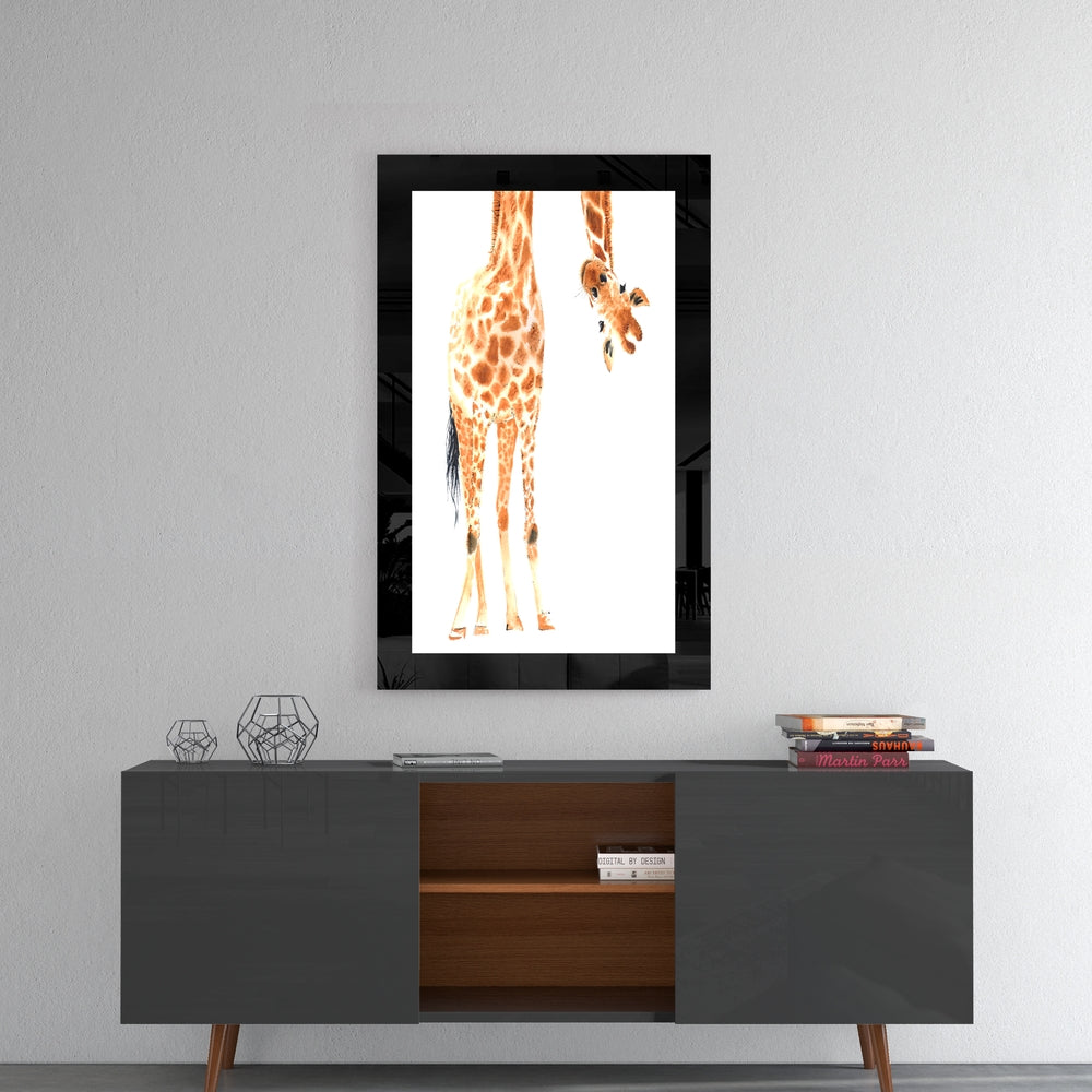 Curious Giraffe glass wall art styled above a sideboard in a reading nook