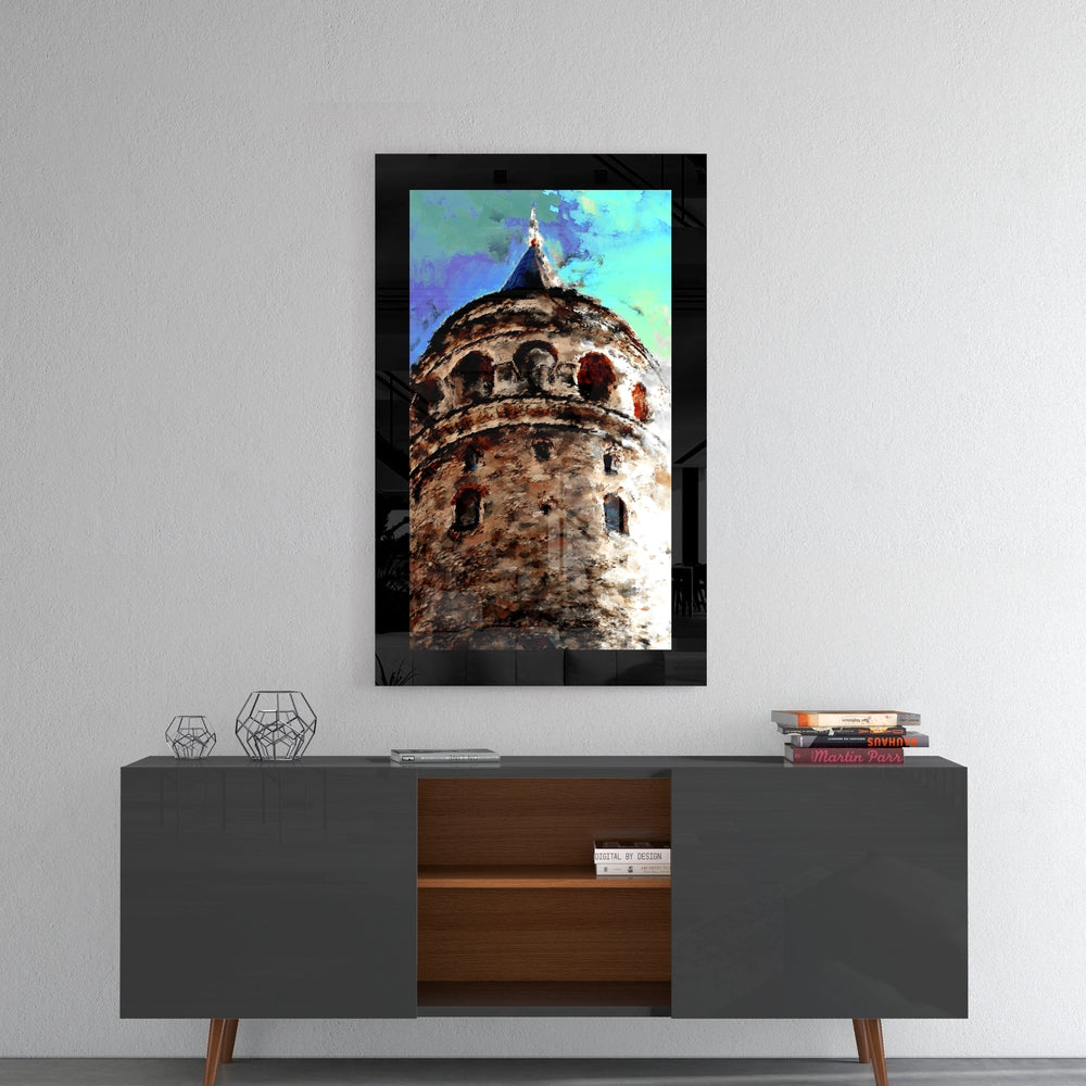 Galata Tower glass wall art styled above a console in a guest room