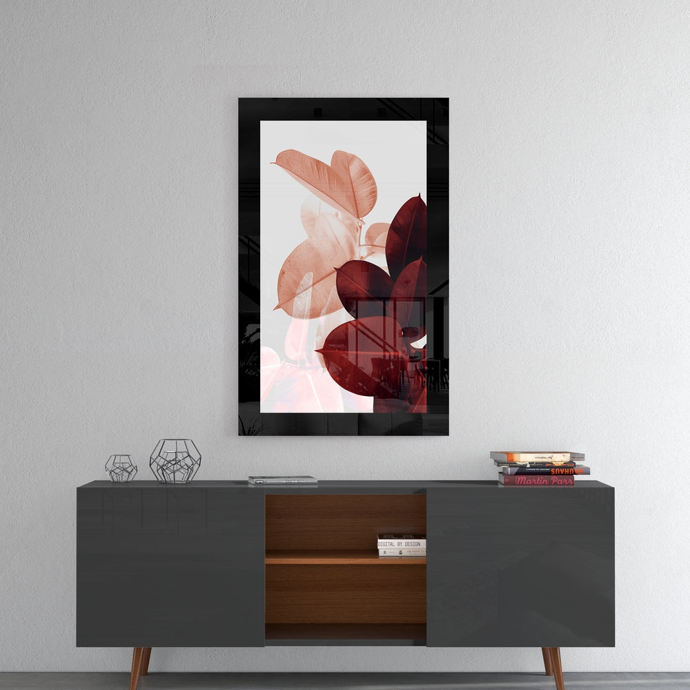 Leaves glass wall art styled above a console in a reading nook