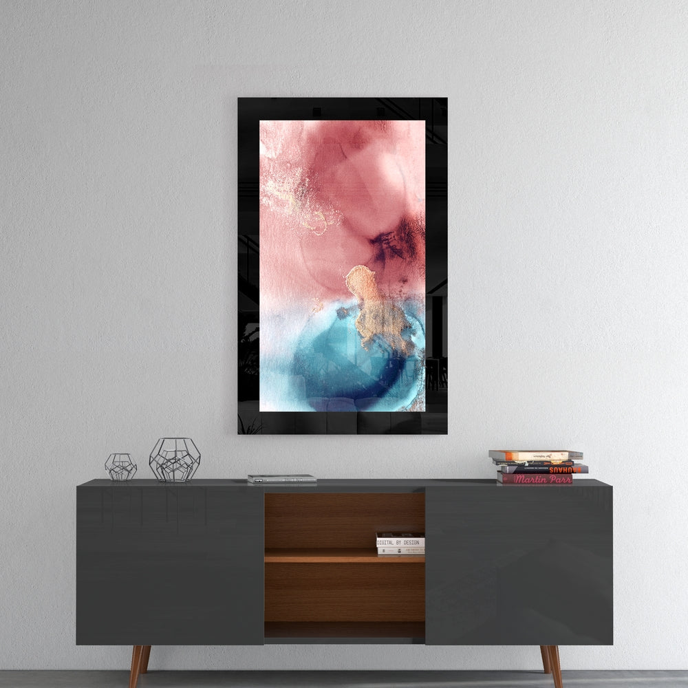 Pink and Blue glass wall art styled above a console in a foyer