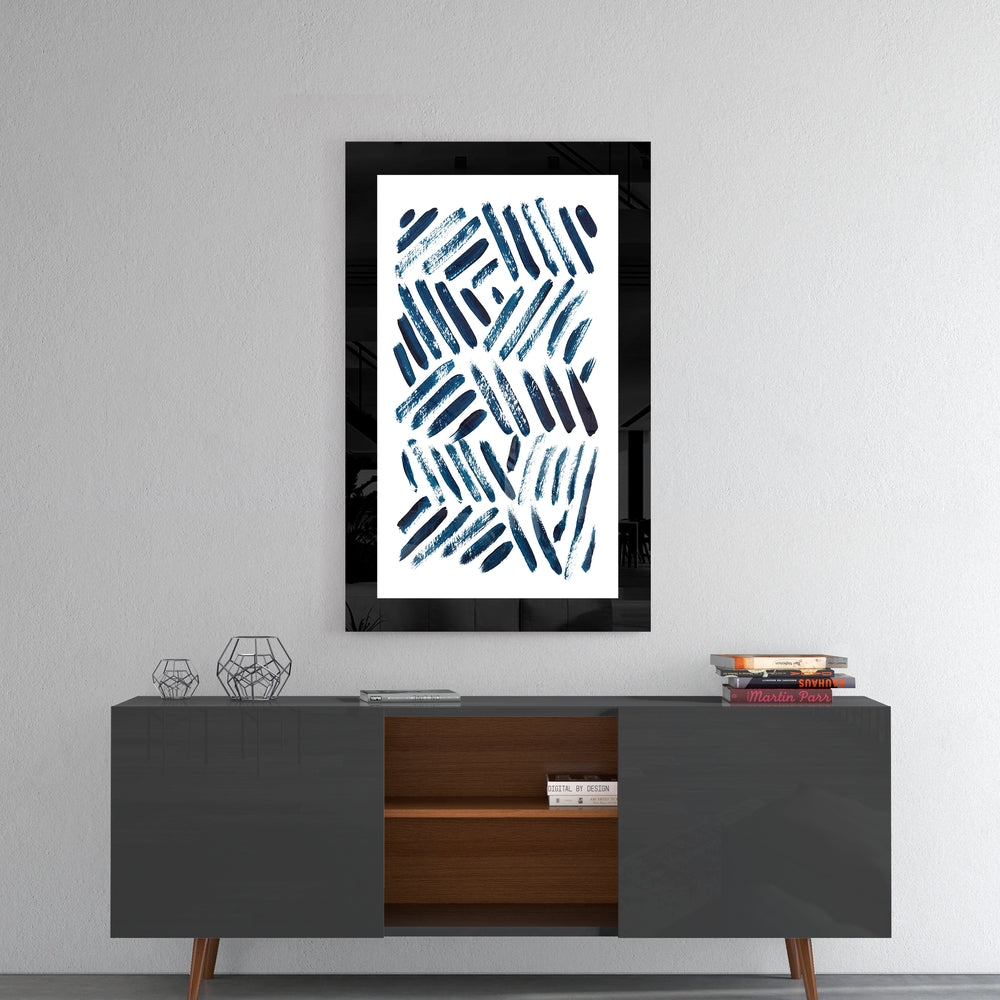 Blue Lines glass wall art styled above a console in a home office