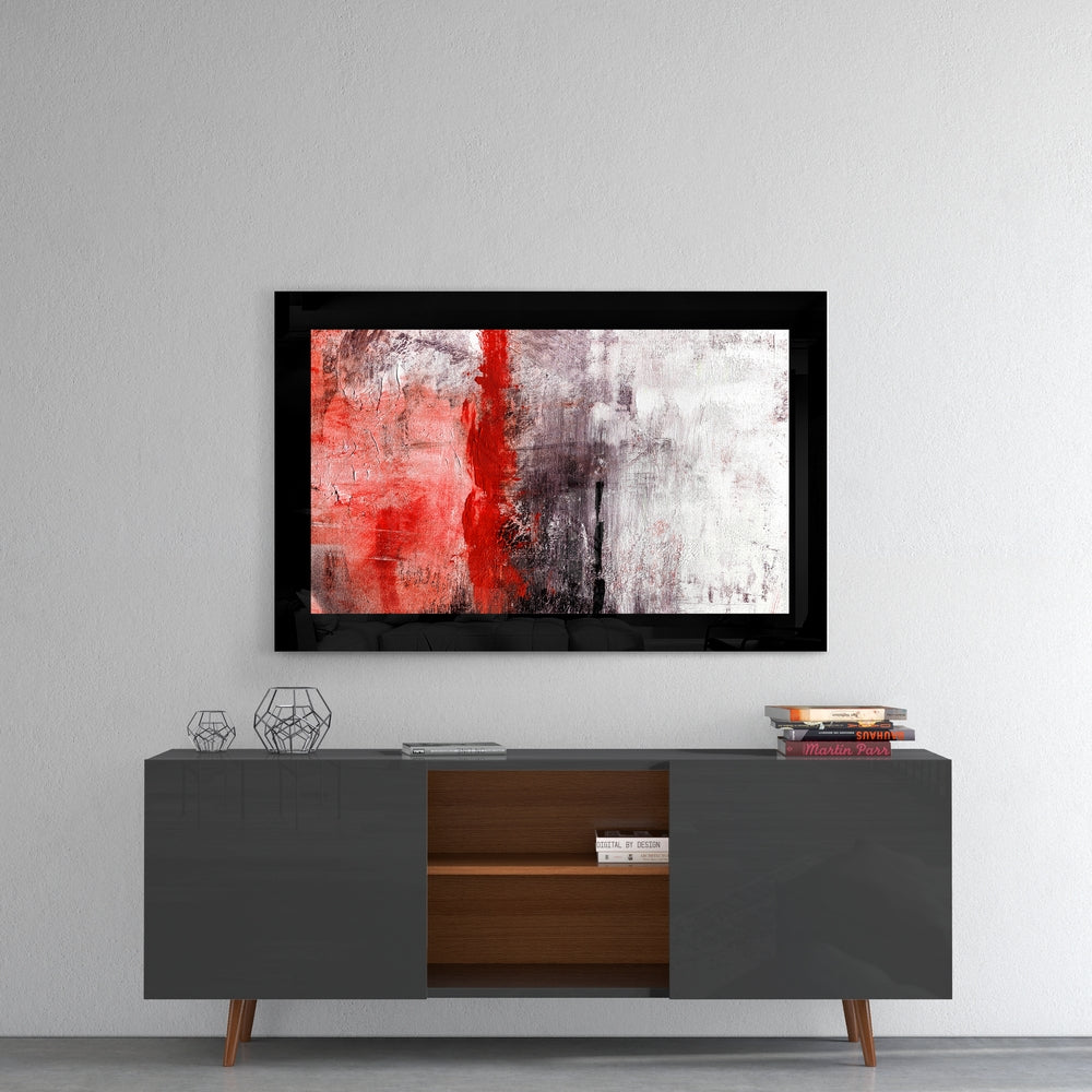 Red and Red glass wall art styled above a console in a man cave