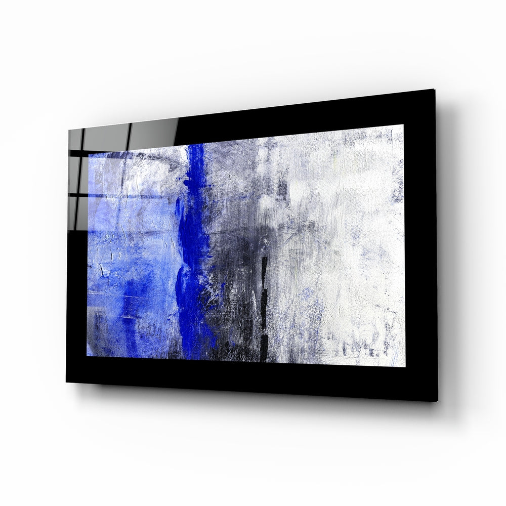 Abstract Blue glass wall art displayed above a sideboard in a study