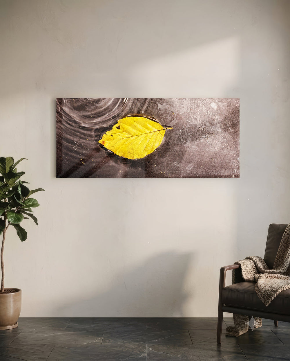 Yellow Leaf Glass Wall Art (36"x14") lifestyle preview C