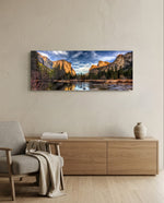 Golden Granite Cliffs River Valley Glass Wall Art lifestyle preview A