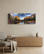 Golden Granite Cliffs River Valley Glass Wall Art lifestyle preview A