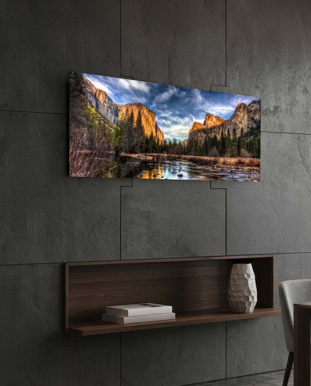 Golden Granite Cliffs River Valley Glass Wall Art lifestyle preview B
