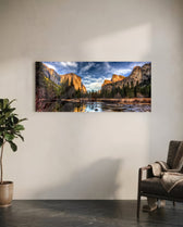 Golden Granite Cliffs River Valley Glass Wall Art lifestyle preview C