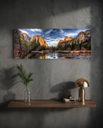 Golden Granite Cliffs River Valley Glass Wall Art lifestyle preview D