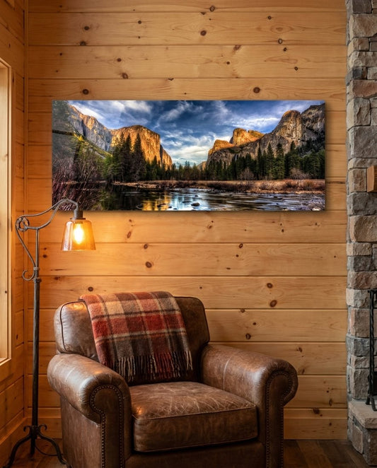 Golden Granite Cliffs River Valley Glass Wall Art