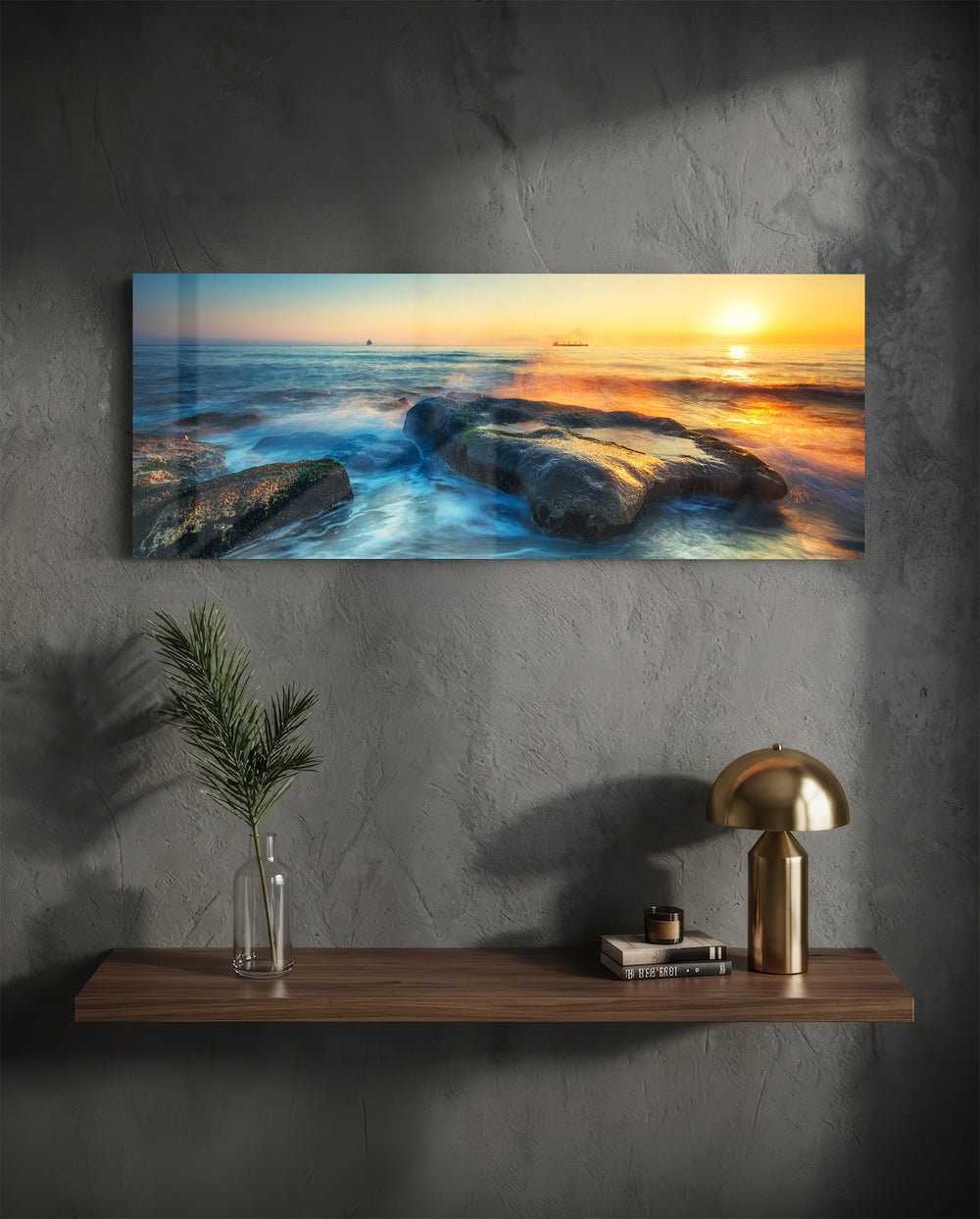 Mossy Rocks Sunrise Sea Glass Wall Art lifestyle preview D