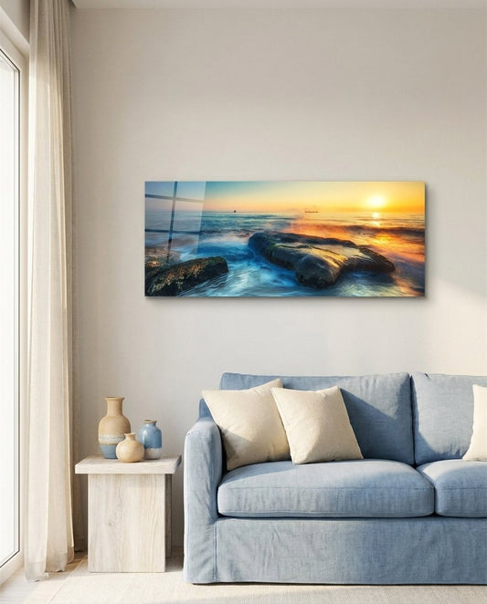 Mossy Rocks Sunrise Sea Glass Wall Art