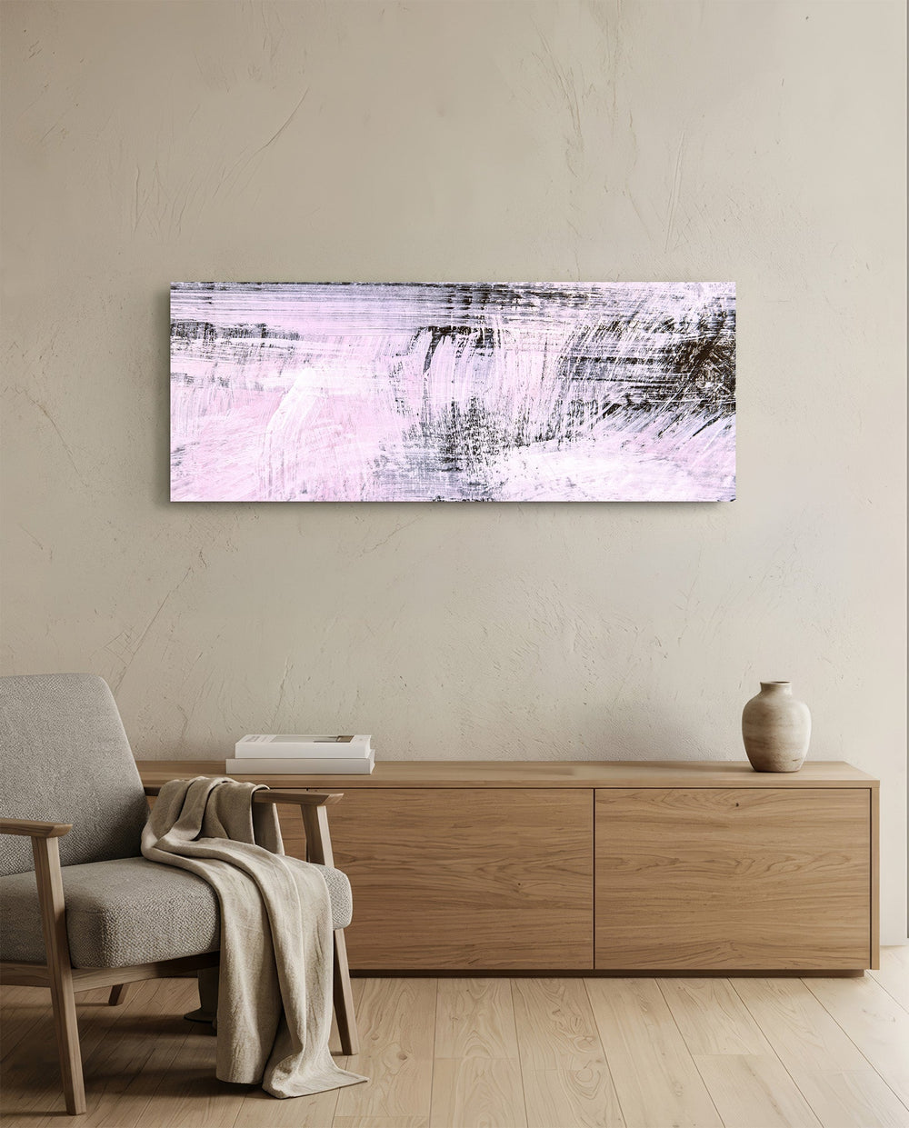 Blush Pink And Charcoal Brushstroke Glass Wall Art lifestyle preview A