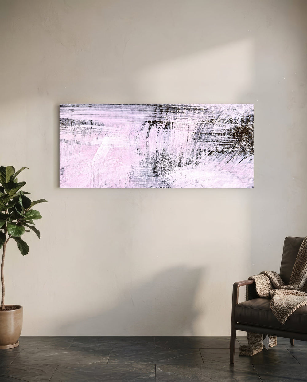 Blush Pink And Charcoal Brushstroke Glass Wall Art lifestyle preview C