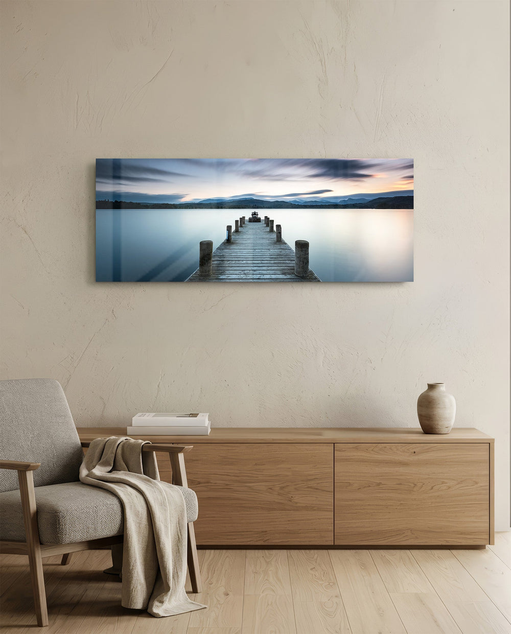 Blue Hour Lake Jetty Glass Wall Art lifestyle preview A