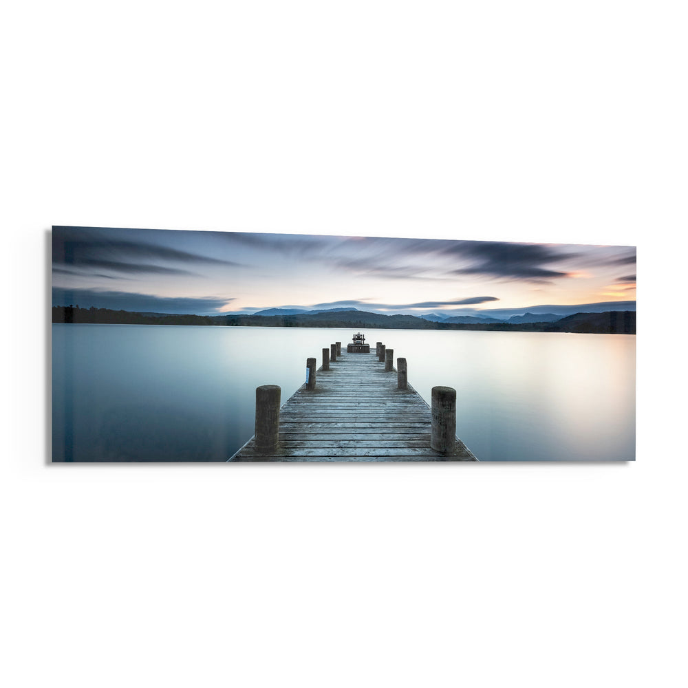 Blue Hour Lake Jetty Glass Wall Art lifestyle preview F