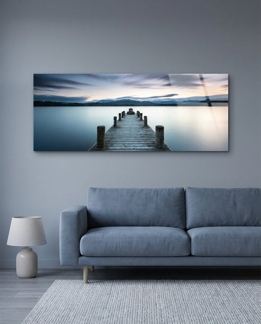 Blue Hour Lake Jetty Glass Wall Art