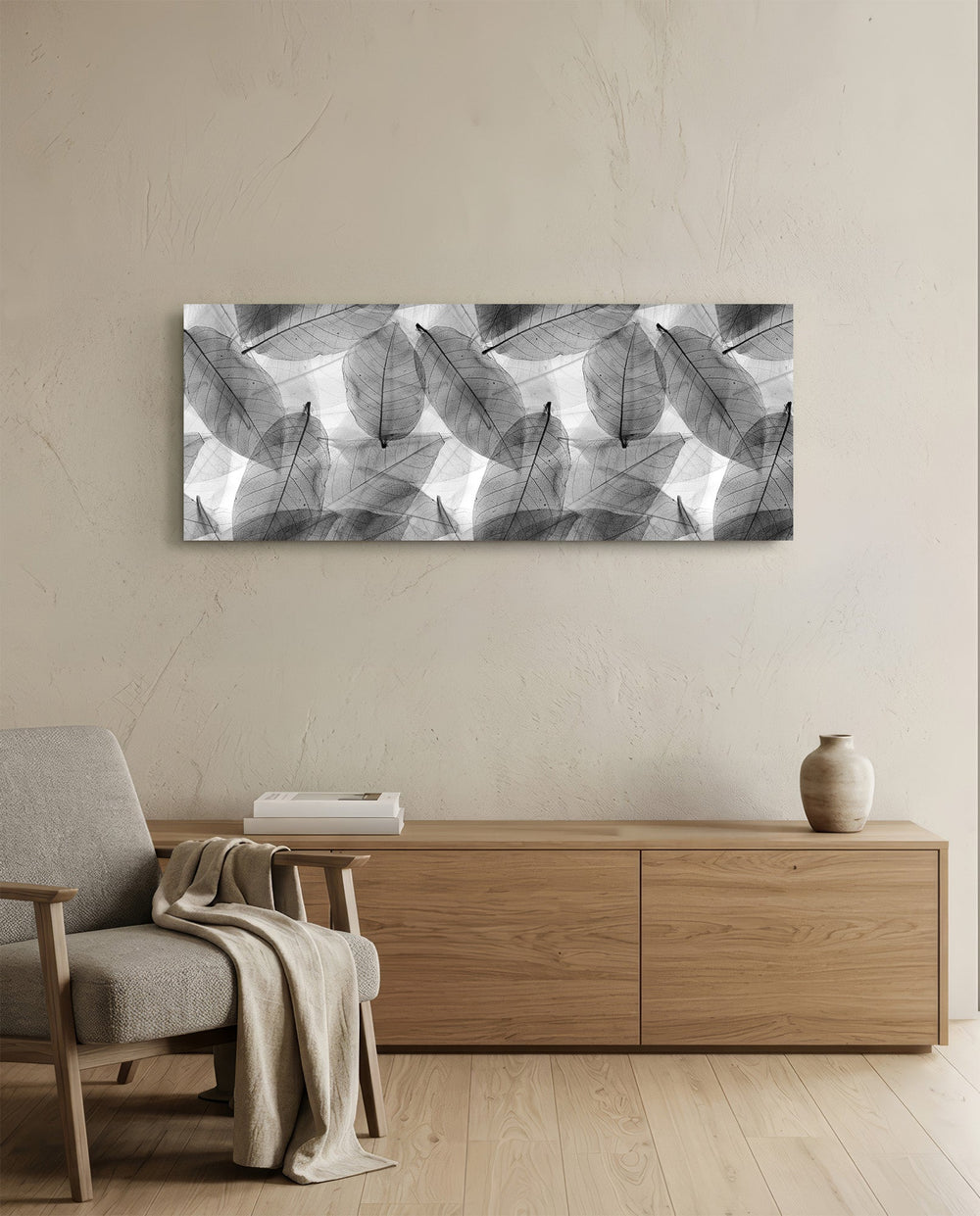 Black - White Leaves Glass Wall Art (36"x14") lifestyle preview A