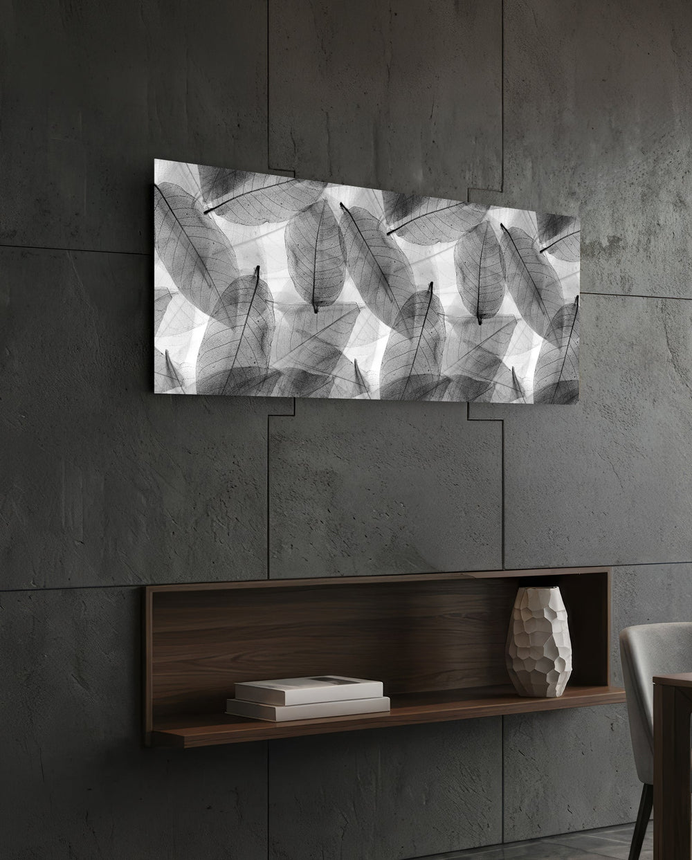 Black - White Leaves Glass Wall Art (36"x14") lifestyle preview B