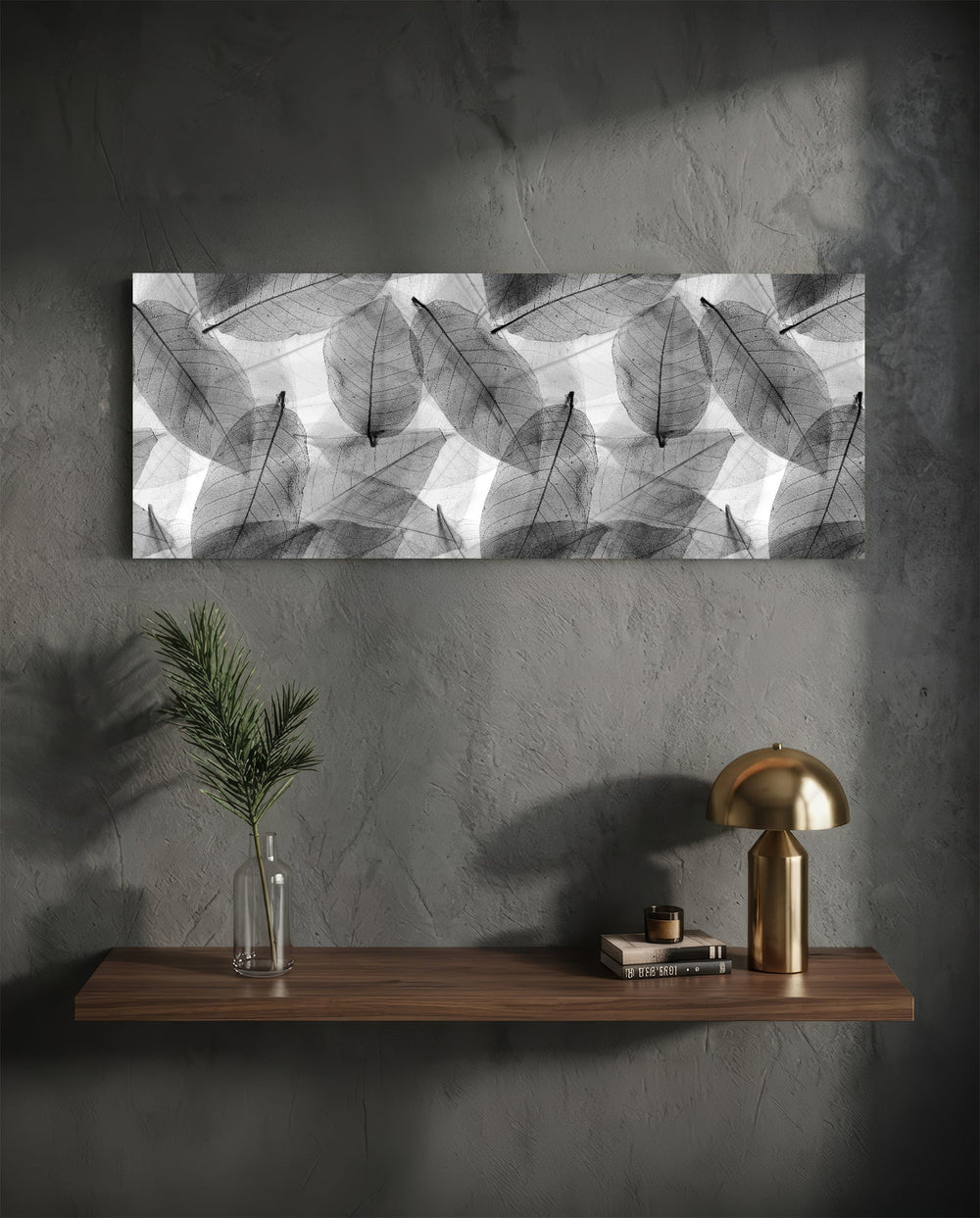 Black - White Leaves Glass Wall Art (36"x14") lifestyle preview D