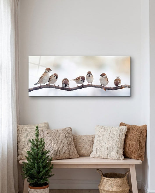 Seven Sparrows On A Bare Branch Glass Wall Art