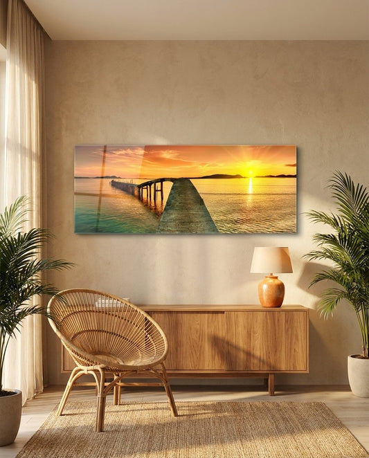 Golden Sunset Curved Pier Glass Wall Art