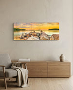 Boulder Pile Golden Sunset Bay Glass Wall Art lifestyle preview A