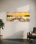 Boulder Pile Golden Sunset Bay Glass Wall Art lifestyle preview C