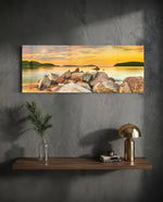 Boulder Pile Golden Sunset Bay Glass Wall Art lifestyle preview D