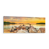 Boulder Pile Golden Sunset Bay Glass Wall Art lifestyle preview F