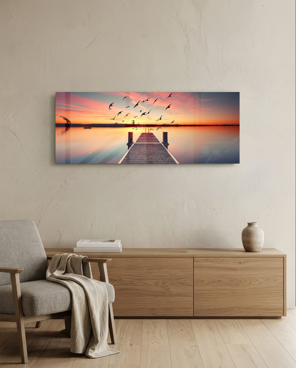 Flying Birds Sunset Pier Glass Wall Art lifestyle preview A