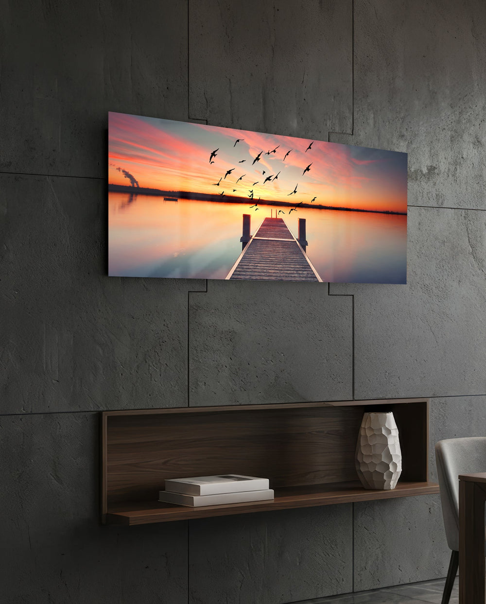 Flying Birds Sunset Pier Glass Wall Art lifestyle preview B