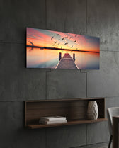 Flying Birds Sunset Pier Glass Wall Art lifestyle preview B