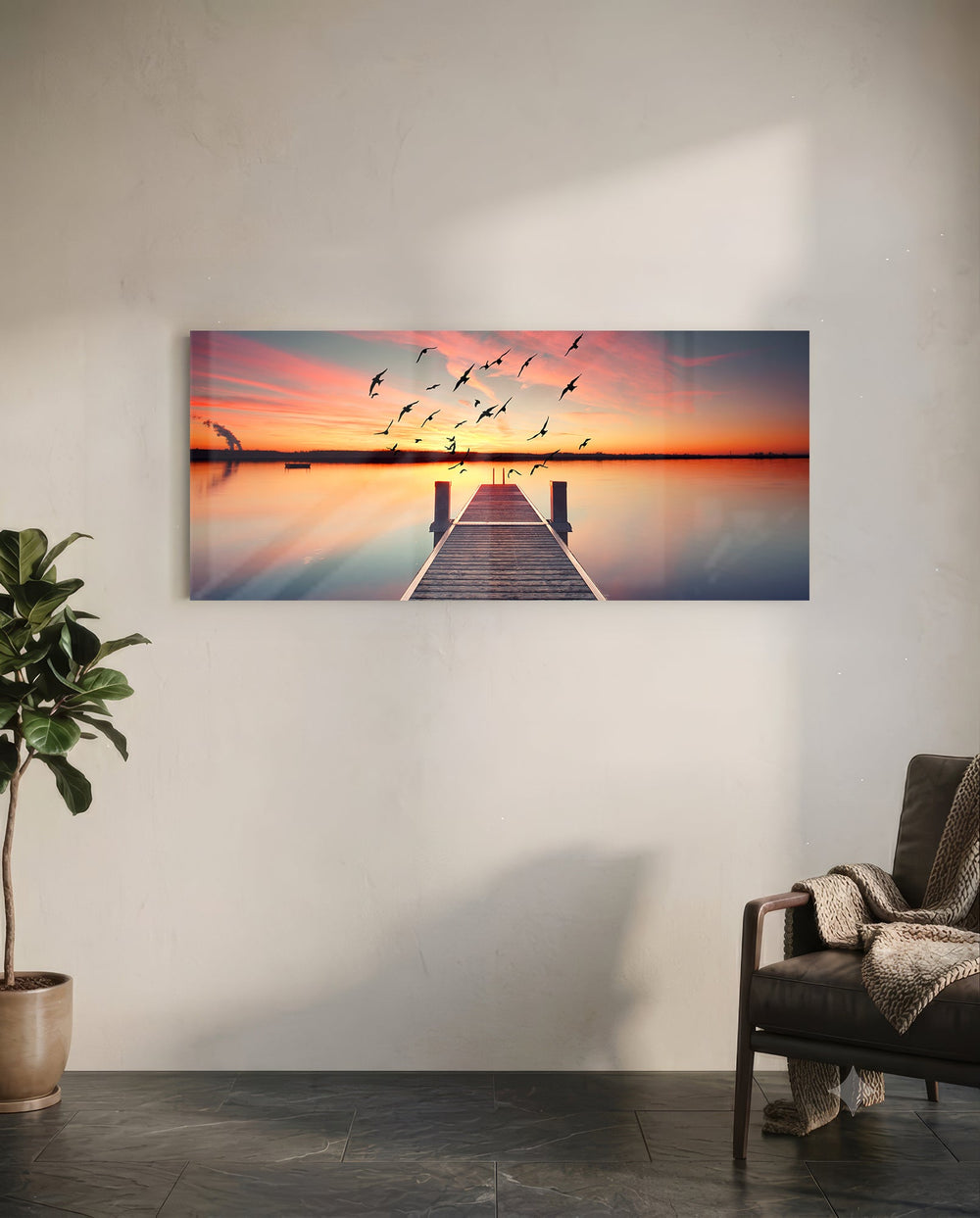 Flying Birds Sunset Pier Glass Wall Art lifestyle preview C