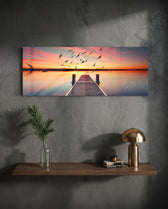 Flying Birds Sunset Pier Glass Wall Art lifestyle preview D