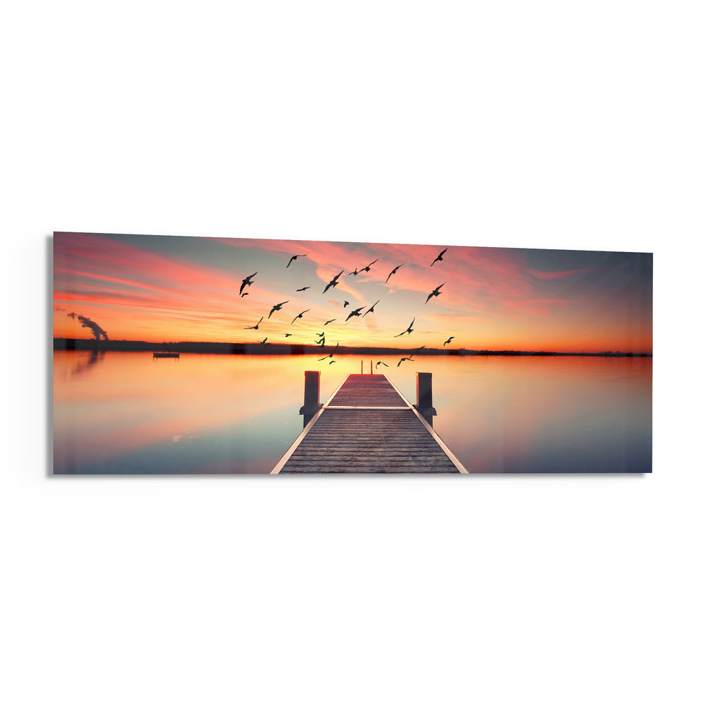 Flying Birds Sunset Pier Glass Wall Art lifestyle preview F