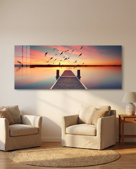 Flying Birds Sunset Pier Glass Wall Art