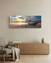 Wooden Boat Sunset Sandy Beach Glass Wall Art lifestyle preview A