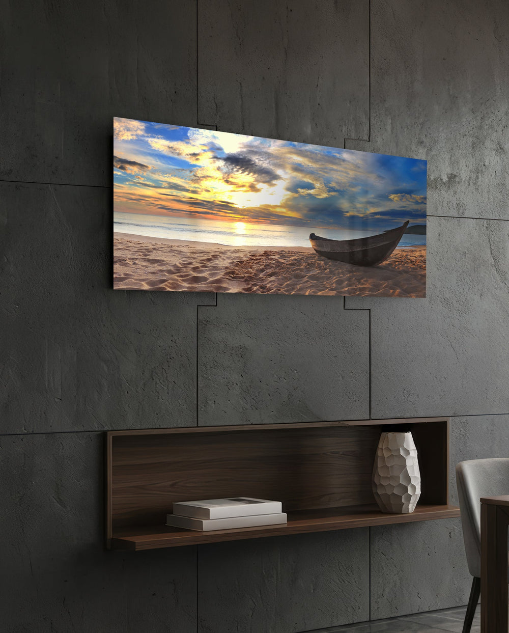 Wooden Boat Sunset Sandy Beach Glass Wall Art lifestyle preview B