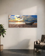 Wooden Boat Sunset Sandy Beach Glass Wall Art lifestyle preview C