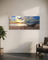Wooden Boat Sunset Sandy Beach Glass Wall Art lifestyle preview C