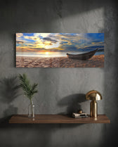 Wooden Boat Sunset Sandy Beach Glass Wall Art lifestyle preview D