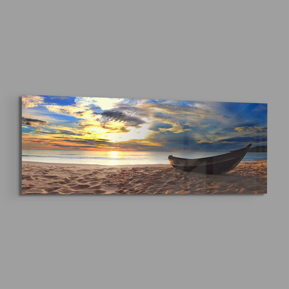 Wooden Boat Sunset Sandy Beach Glass Wall Art lifestyle preview E